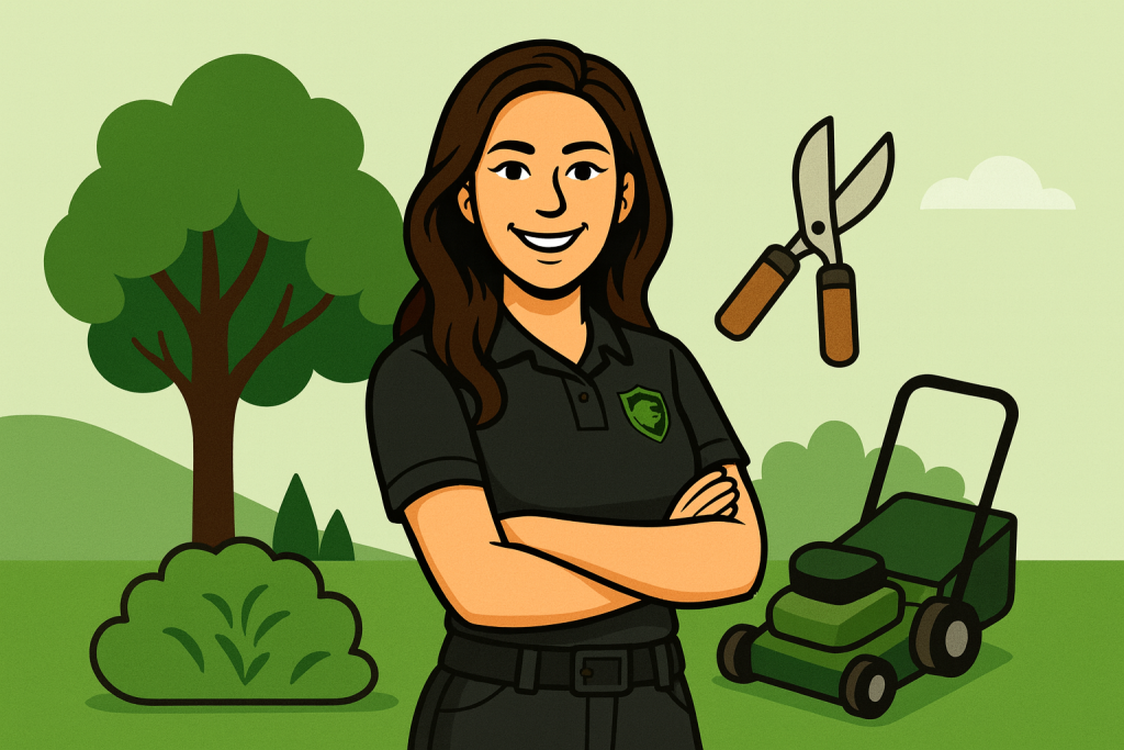 Cartoon illustration of Sarah from Green Guard with garden tools in a Scandinavian landscape.